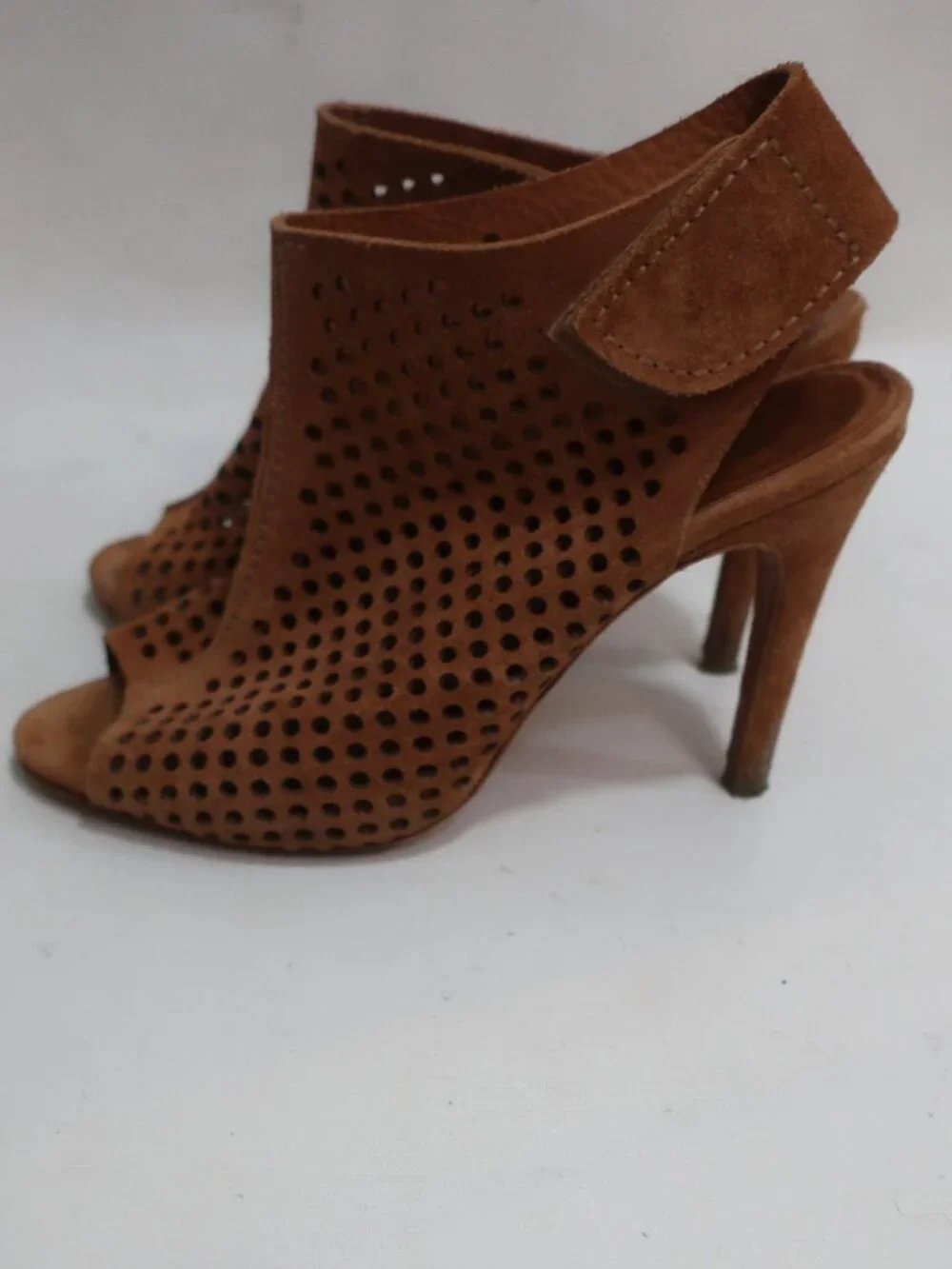 Womens Pedro Garcia Brown Sofia Perforated Suede Peep Toe Booties 37.5 US/7.5